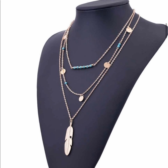 Chic Long Layered 3-Layered Fashion Feather Turquoise Boho Southwestern Necklace - Picture 2 of 5
